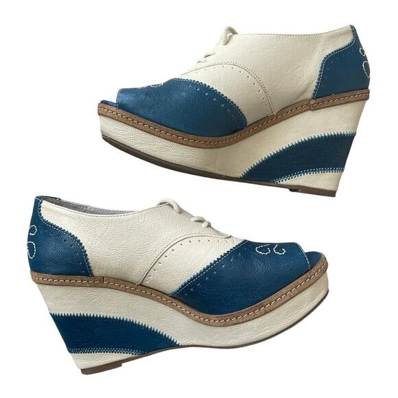 Rare Anthropologie Oxford Wedge Heels by Pilcro | Peep-Toe, Blue & Cream, 7M - Picture 1 of 9
